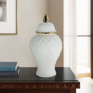 Decorative Jar - White Ceramic Textured with Lid, 14 in.