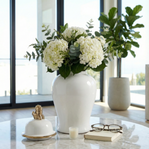 Decorative Jar - White/Gold Ceramic Lion Head with Lid, 18in